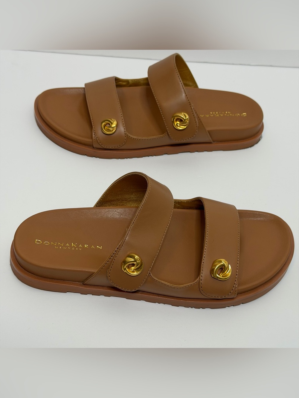 Donna Karan Hazley Cognac Leather Slip-On Sandals Double Strap Gold Accents 9 - Picture 8 of 15